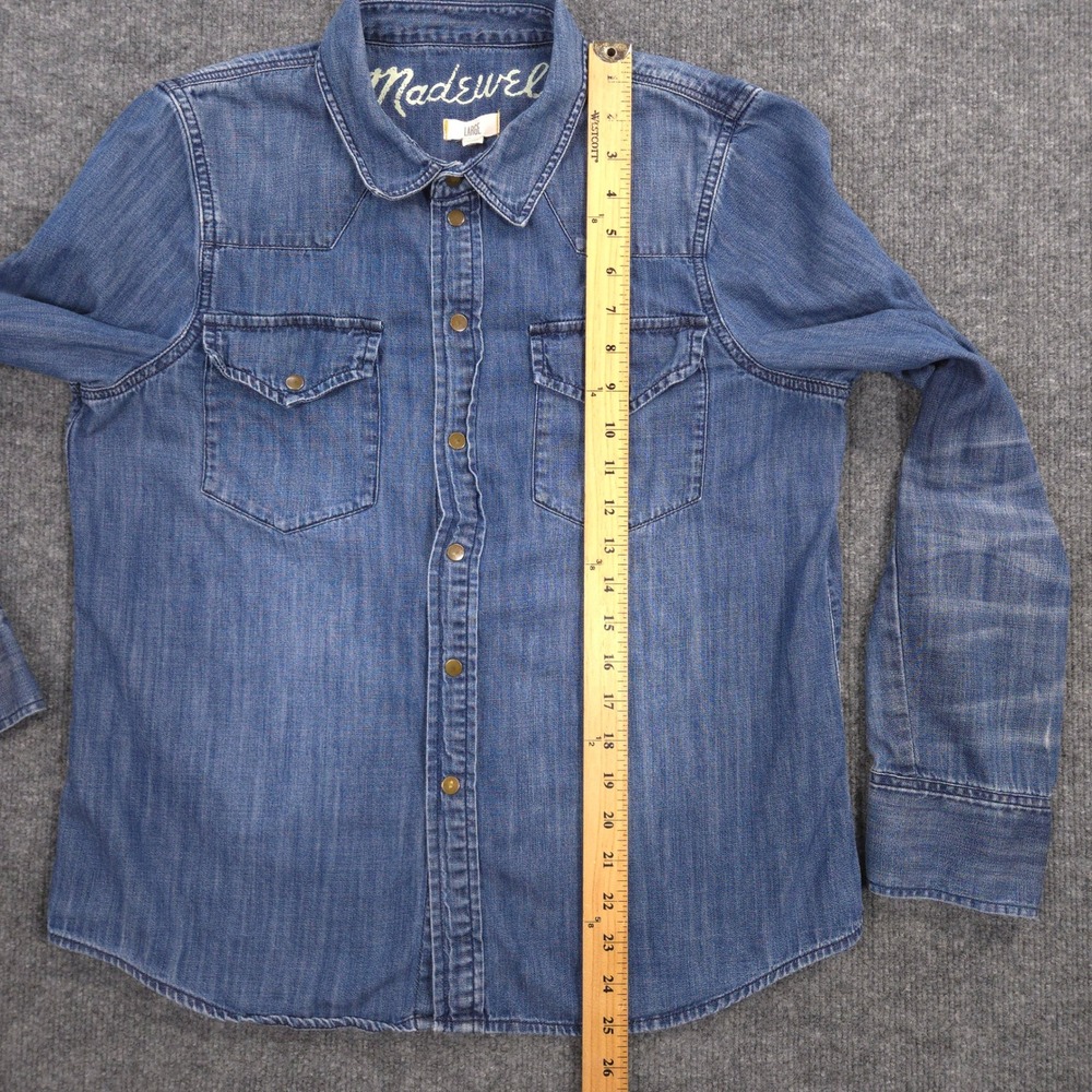 Madewell Denim Shirt Womens L Blue Medium Wash Whiskered Sleeves Snap Front - Picture 5 of 7